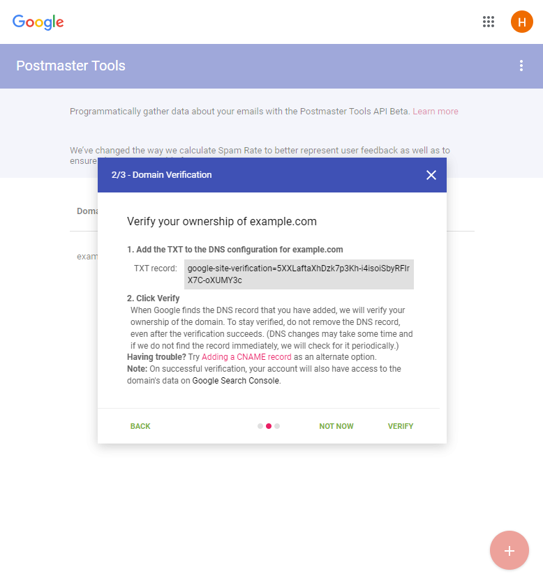 Verify ownership by adding a TXT record to your domain DNS records