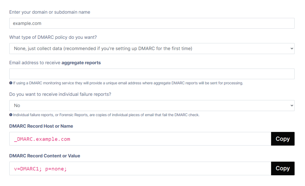 Screenshot of a form for generating a DMARC (Domain-based Message Authentication, Reporting & Conformance) policy. Fields include domain name, type of DMARC policy, email for aggregate reports, individual failure reports, and DMARC record details with "Copy" buttons.