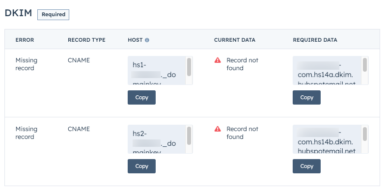 Screenshot of the DKIM settings page in Hubspot showing two missing CNAME records. Each record has a host provided, but the current data is marked as "Record not found." There are "Copy" buttons next to each host name.